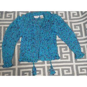 Gil aimbez womens small boxy fringe sweater jacket blue boho art knoby tassels